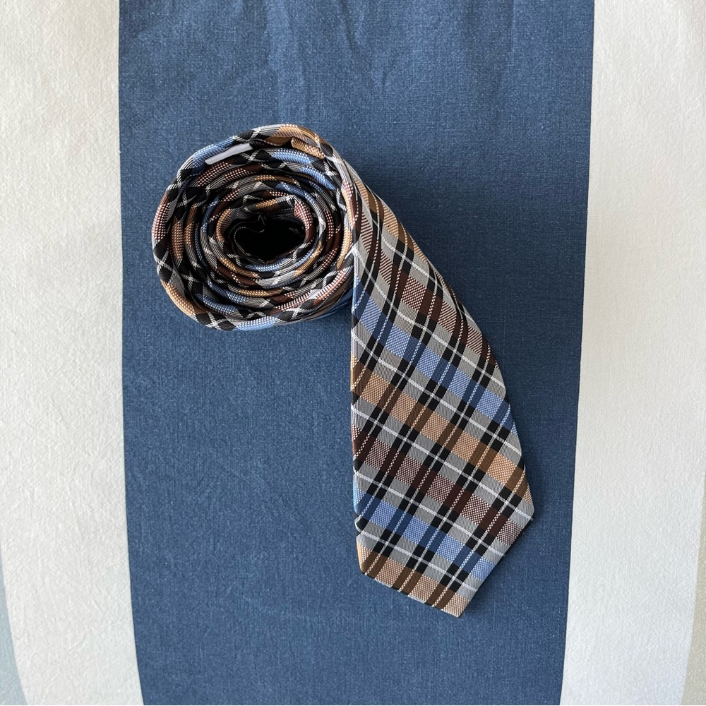 Joseph & Feiss International 100% Silk Earth Tone Brown Blue Plaid Men Neck Tie